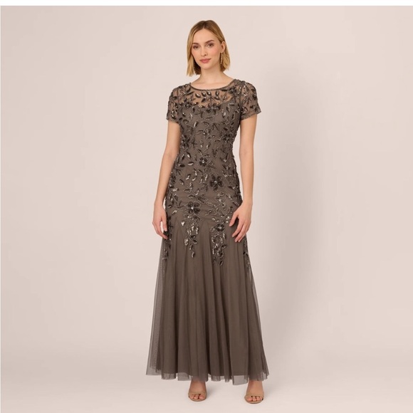 Adrianna Papell Beaded Illusion Tulle Gown SZ 6 NWT Charcoal Taupe Maxi MOB GALA - Picture 2 of 10